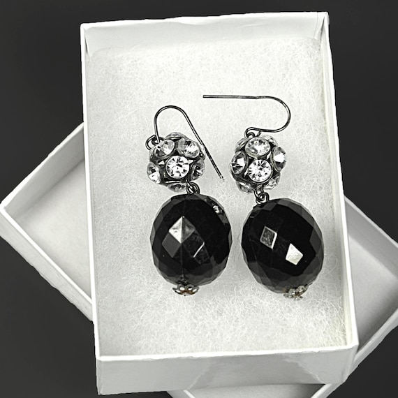 Vintage Black Glass Drop Earrings Rhinestone Dangle Gunmetal Tone