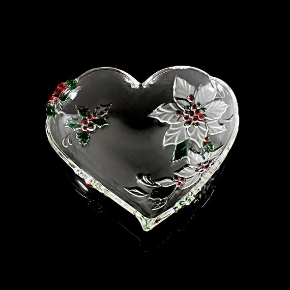 Mikasa Heart Bowl, Holiday Bloom, Poinsettia Pattern,  Holiday Dish, Christmas Bowl, Pressed Glass, 10 Inch, Discontinued