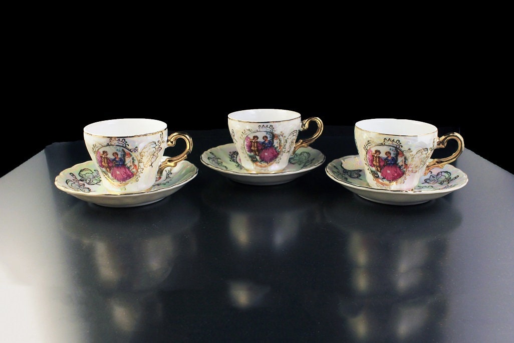 Demitasse Cups and Saucers, Portrait, Lusterware, Set of 3, Porcelain