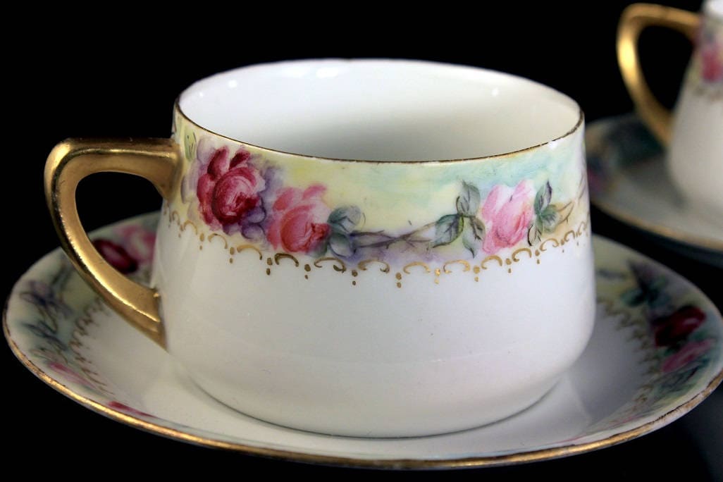 Cups and Saucers, Weimar Germany, Set of 2, Rose Pattern