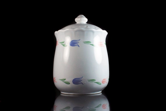 Food Canister, Cookie Jar, Tulip Pattern, White, Kitchen Decor, Food Container