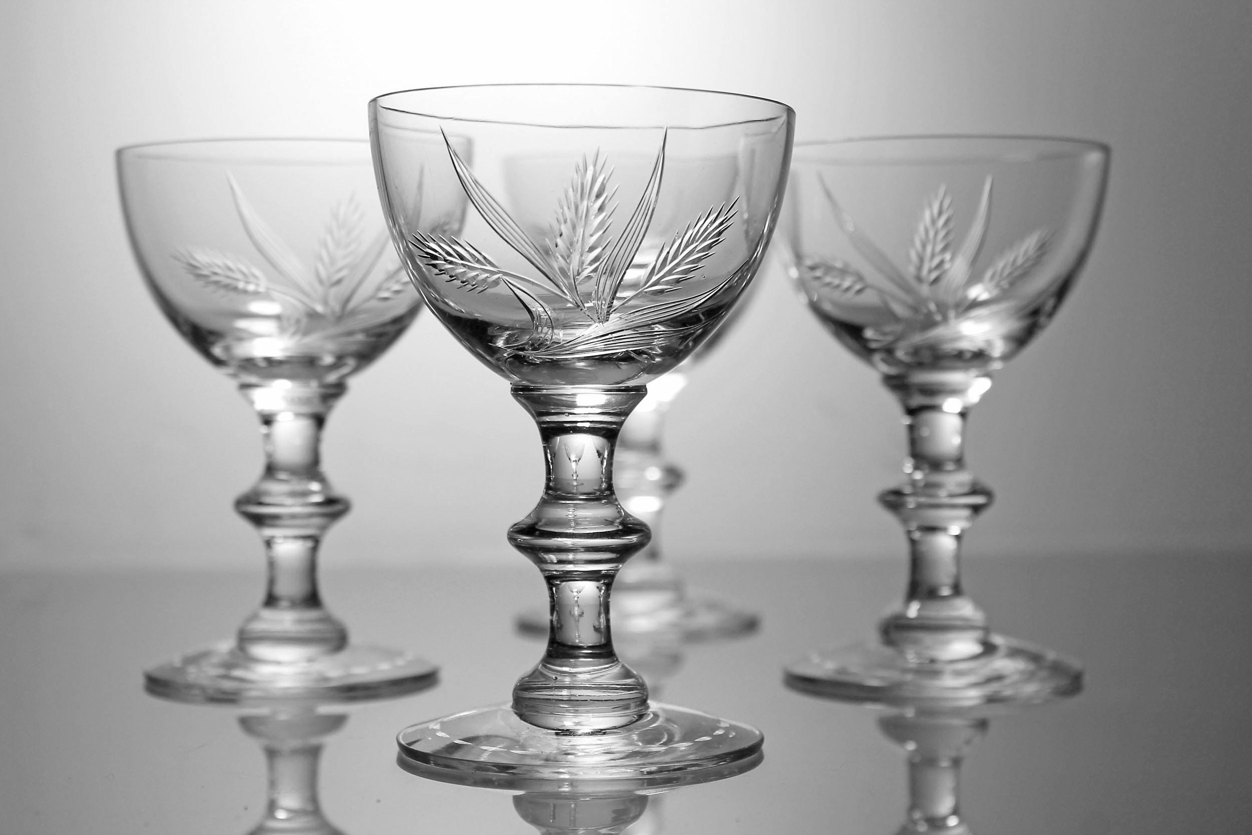 Vintage Small Etched Wheat Martini Glasses