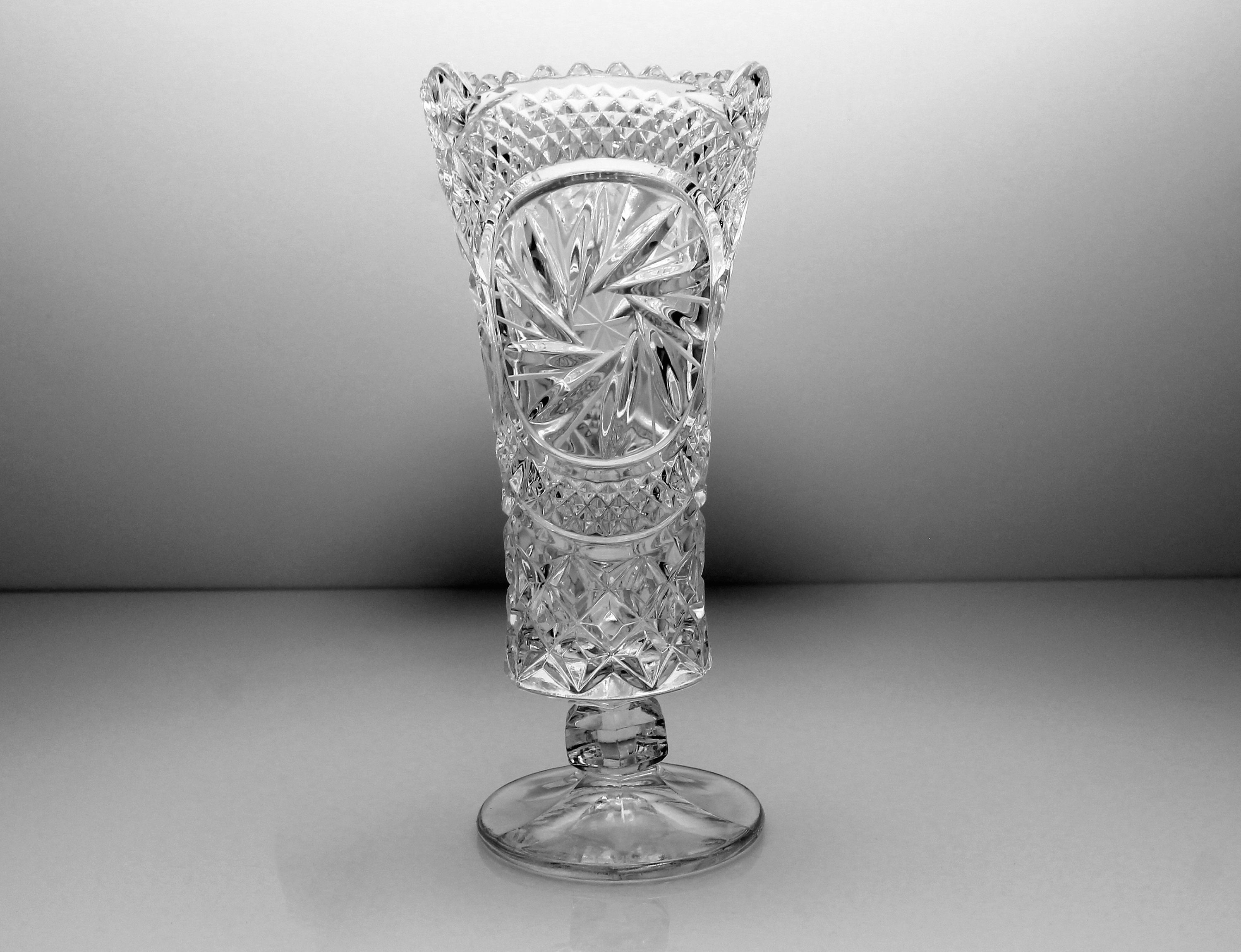 Crystal Footed Bud Vase, Pressed Glass, Pinwheel and Fan, Clear Glass