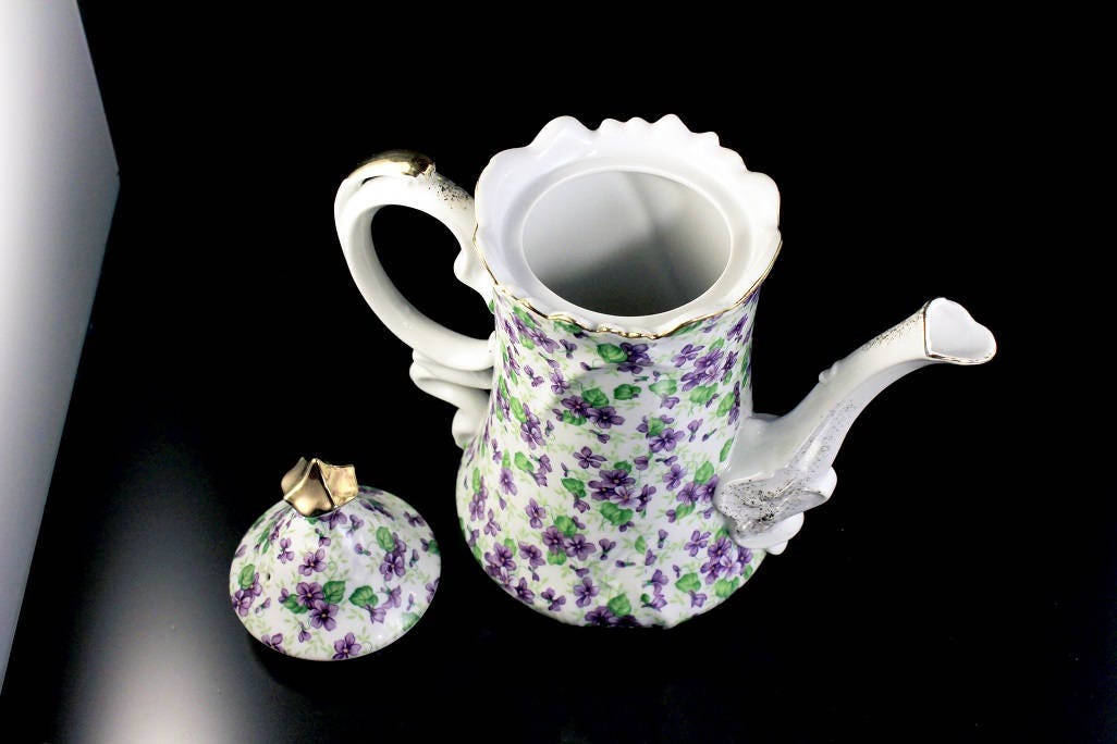 Lefton Coffee Pot, Violet Chintz, Gold Trim, 3 Cup, Teapot, Hot