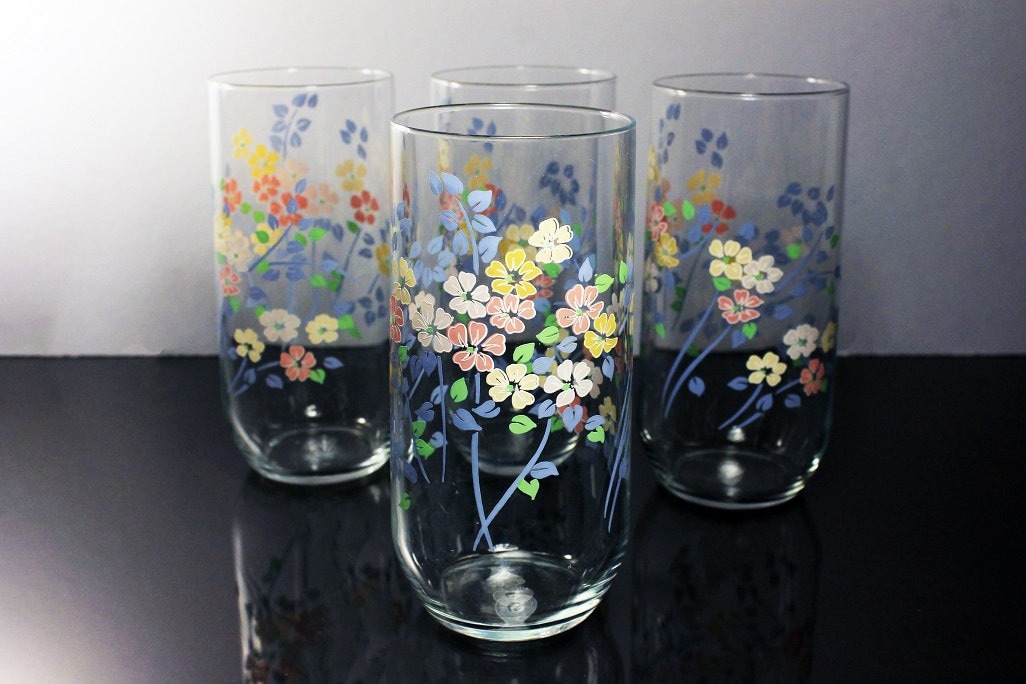 Everyday Drinking Glasses, 12 Ounce, Pink Blue Green, Floral Pattern