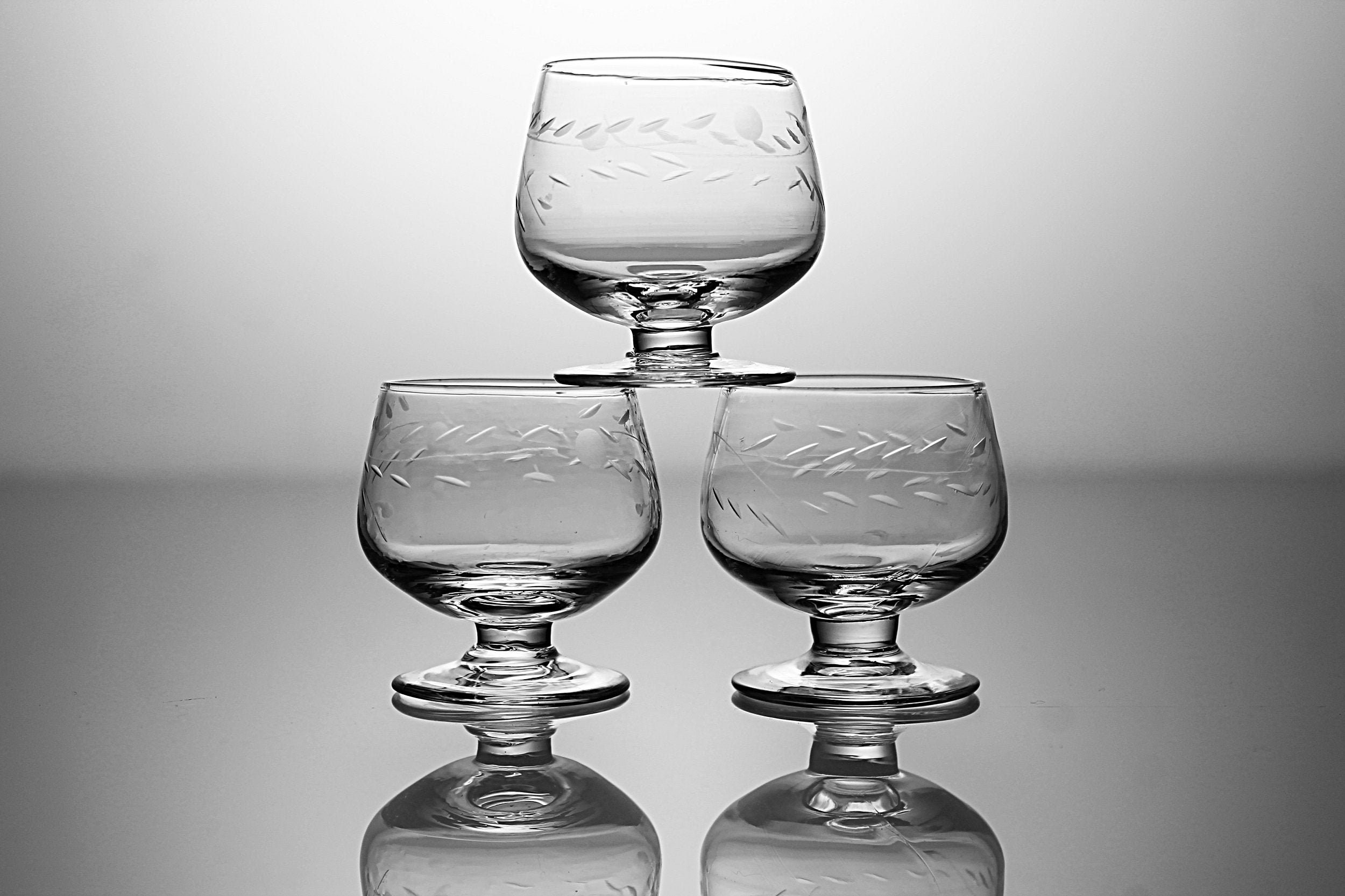 Miniature Etched Brandy Snifters, Floral Pattern, Set of 3, Clear Glass