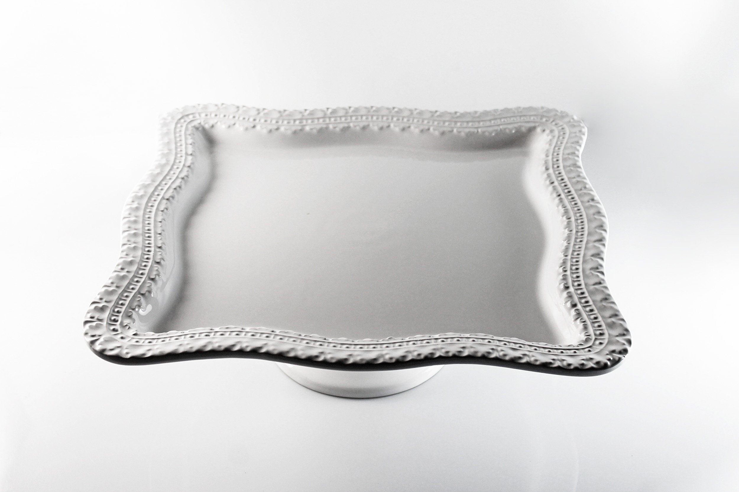 White Pedestal Cake Stand, Ceriart S. A. Portugal, Square, Embossed