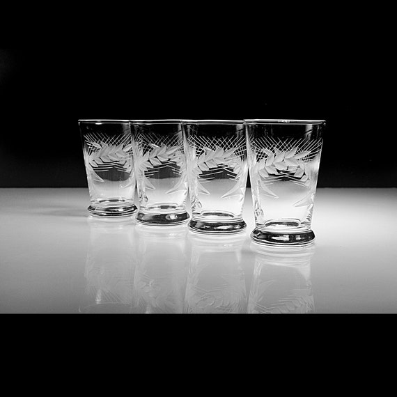 Shot Glasses, Wheat Etched Floral, Set of 4, Clear Glass, Barware