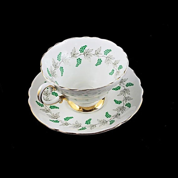 Teacup and Saucer, Crown Staffordshire, England, Bone China, Gray Vines, Green Grapes, 22 Kt. Gold Trim