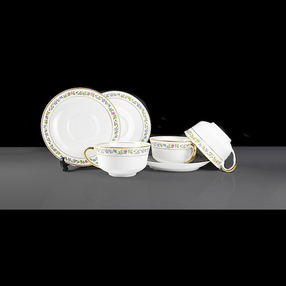 O.P. Co. Syracuse China Cups and Saucers - Melrose Pattern - Set of 3 - Antique China (c. 1920s) - Floral Border Design