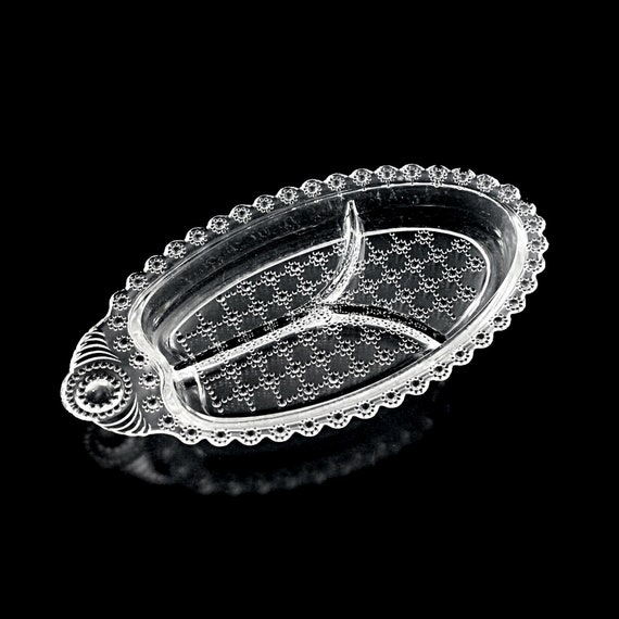 Oval Divided Relish Tray, Hazel Atlas, Three Section, Jewel Pattern, Dot and Grid, Pressed Glass, Clear Glass