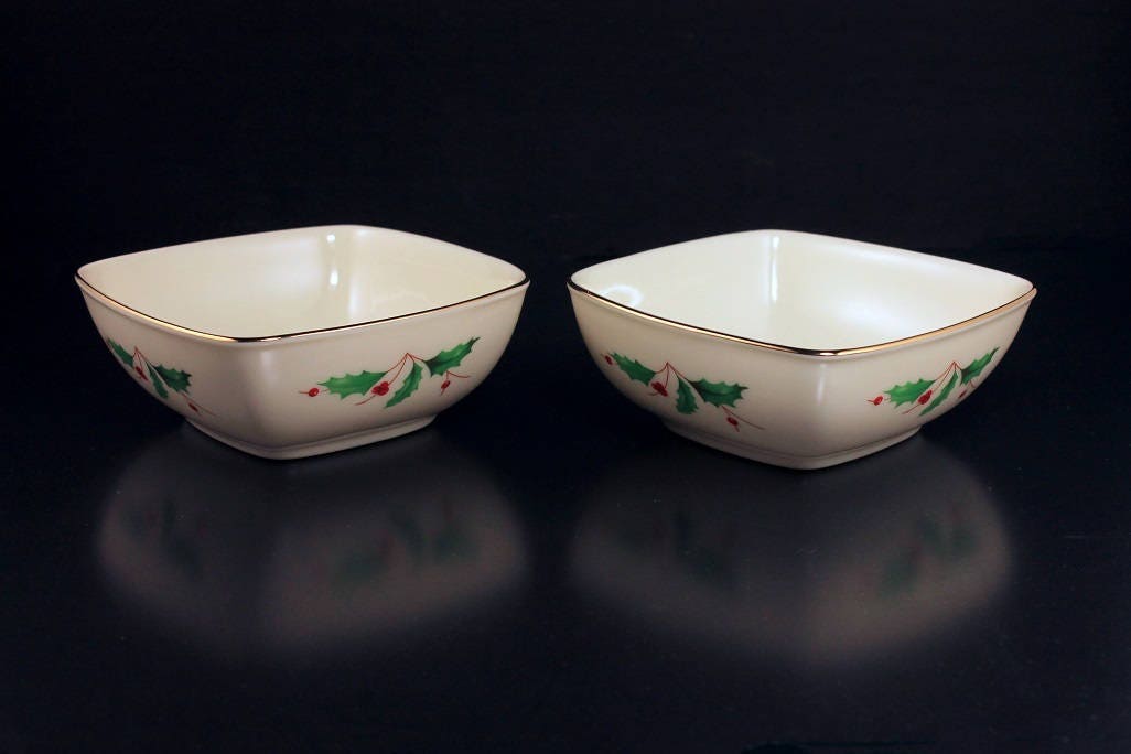 Square Dipping Bowls, Lenox Holiday, Set of 2, New In Box, Holly, Gold Trimmed, Holiday Gift
