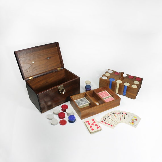 Antique Wooden Poker Box, Chip Caddy, Four Decks of Cards, Red White Cream and Blue Chips, Men's Gift