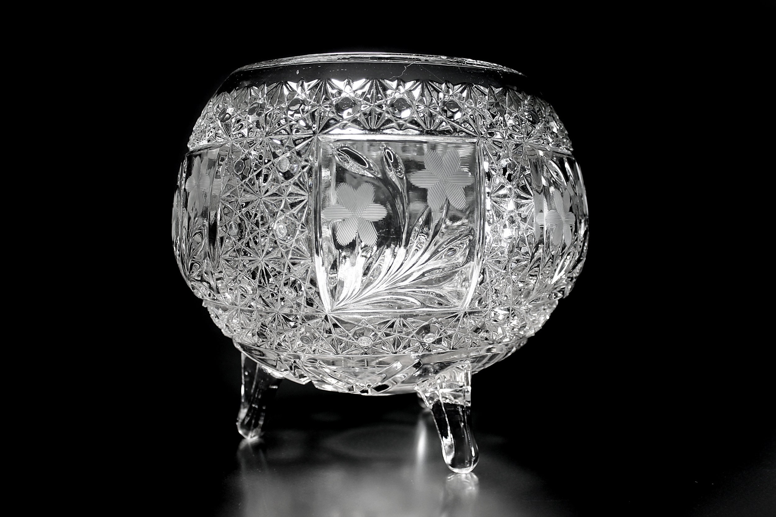 EAPG Rose Bowl, McKee Glass, Snappy Clear, Three Footed Bowl, Cut