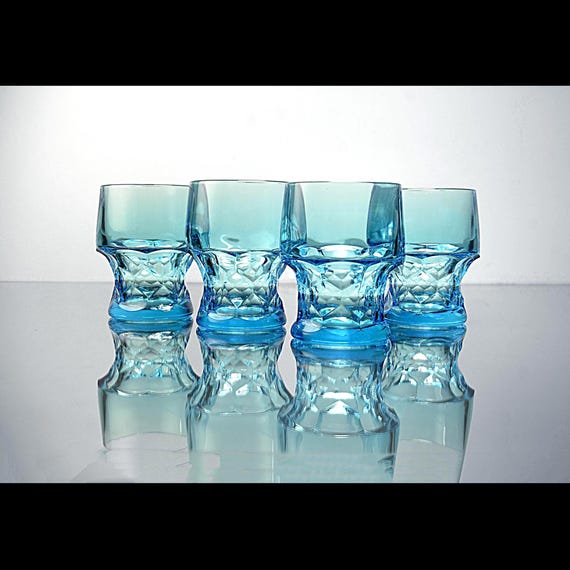 Vintage Georgian Blue Tumblers, Set of 4, Heavy Blue Glass Drinking Glasses, 8 Oz Barware