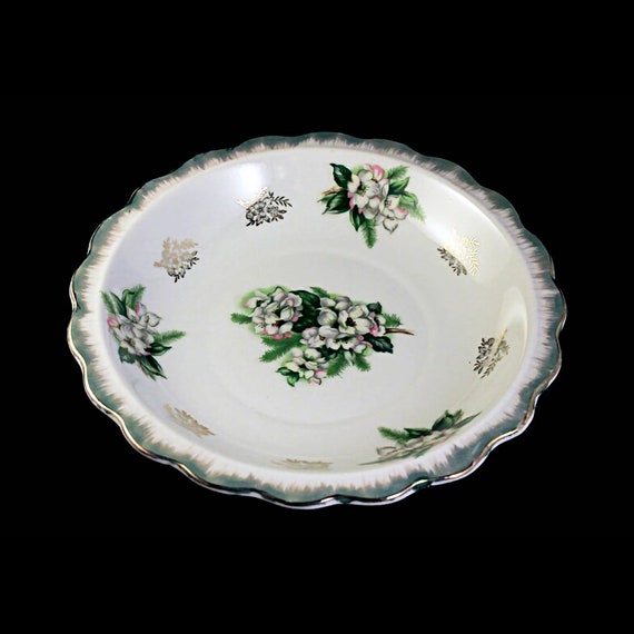 Porcelain Bowl, Arnart, Royal Crown, Floral, Green and White, Gold Trim