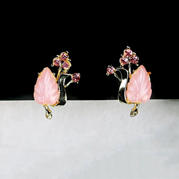 Pink Leaf Clip-On Earrings, Pink Rhinestone, Gold Tone, Costume Jewelry, Collectible