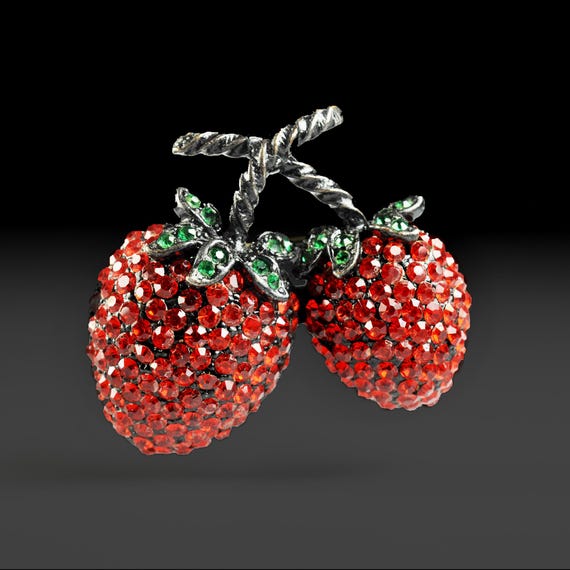 Weiss Double Strawberry Rhinestone Brooch – Signed, Sparkling Red & Green Fruit Pin, 1950s Mid-Century Jewelry, Excellent Condition