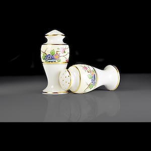 Könnte beinhalten: Zwei weiße Salz- und Pfefferstreuer aus Keramik mit Blumendesigns und goldenen Akzenten. Die Streuer haben einen runden Körper und eine kleine Öffnung oben zum Ausgießen von Salz und Pfeffer.