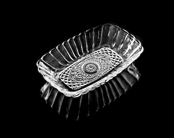 Relish Dish, Rectangular Bowl, Pressed Glass, Clear Glass, Serving Bowl, Paneled, Floral & Diamond Pattern