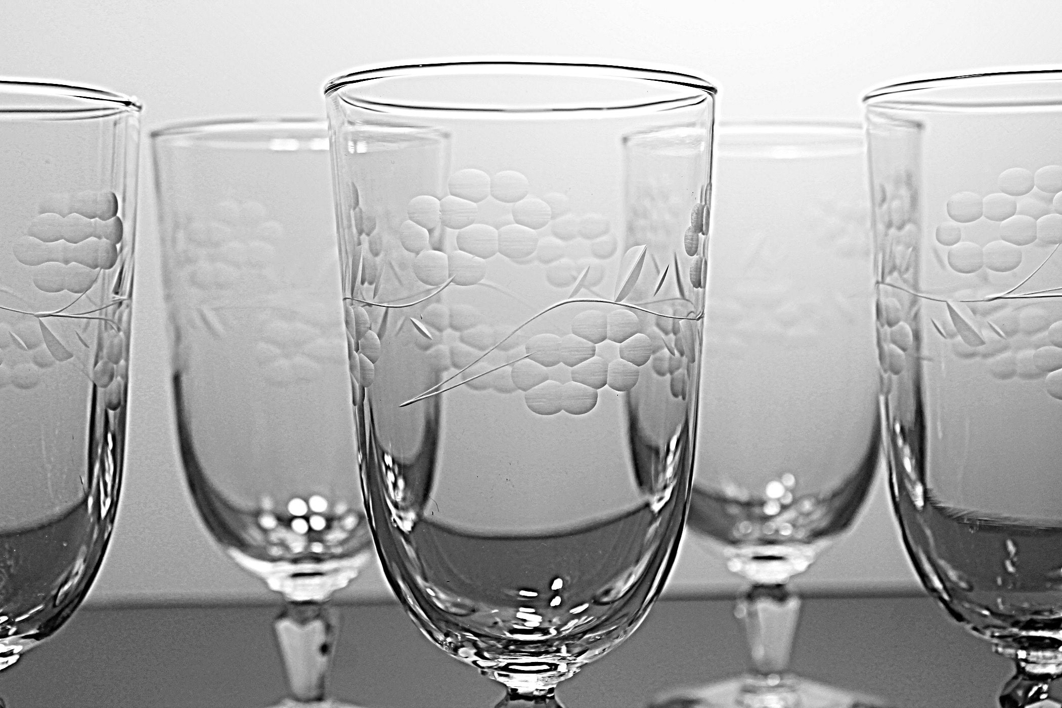 Libbey Etched Ice Tea Glasses, Glenmore, Grey Cut Floral Design, Set of