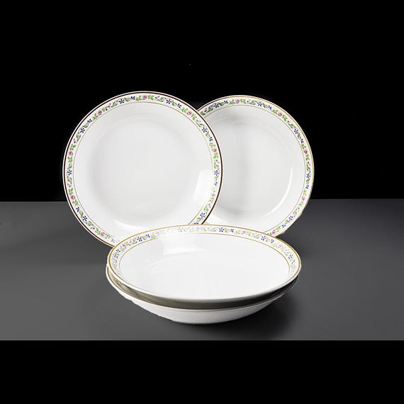 O.P. Co. Syracuse China Soup Bowls - Melrose Pattern - Set of 4 Antique Bowls (c. 1920s) - Floral Border Design