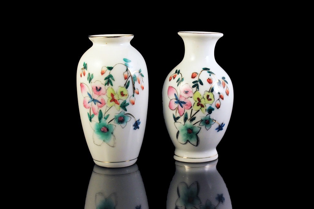 Miniature Vases, Small Vase, Porcelain, Floral Design, Set of 2, Gold