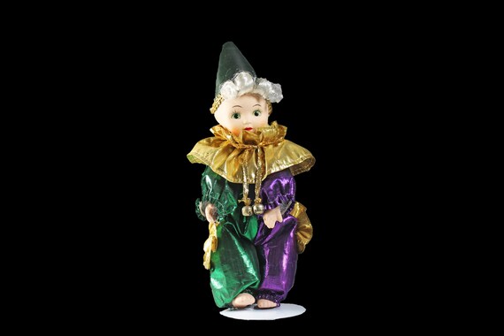 Harlequin Porcelain Doll, Jester Doll, Mardi Gras Doll, 10 Inches Tall, Collectible, Doll Stand Included, Display Doll