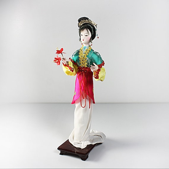 Nishi Asian Display Doll, Hand Painted, 11 Inch Doll, Figurine, Wood Stand Attached