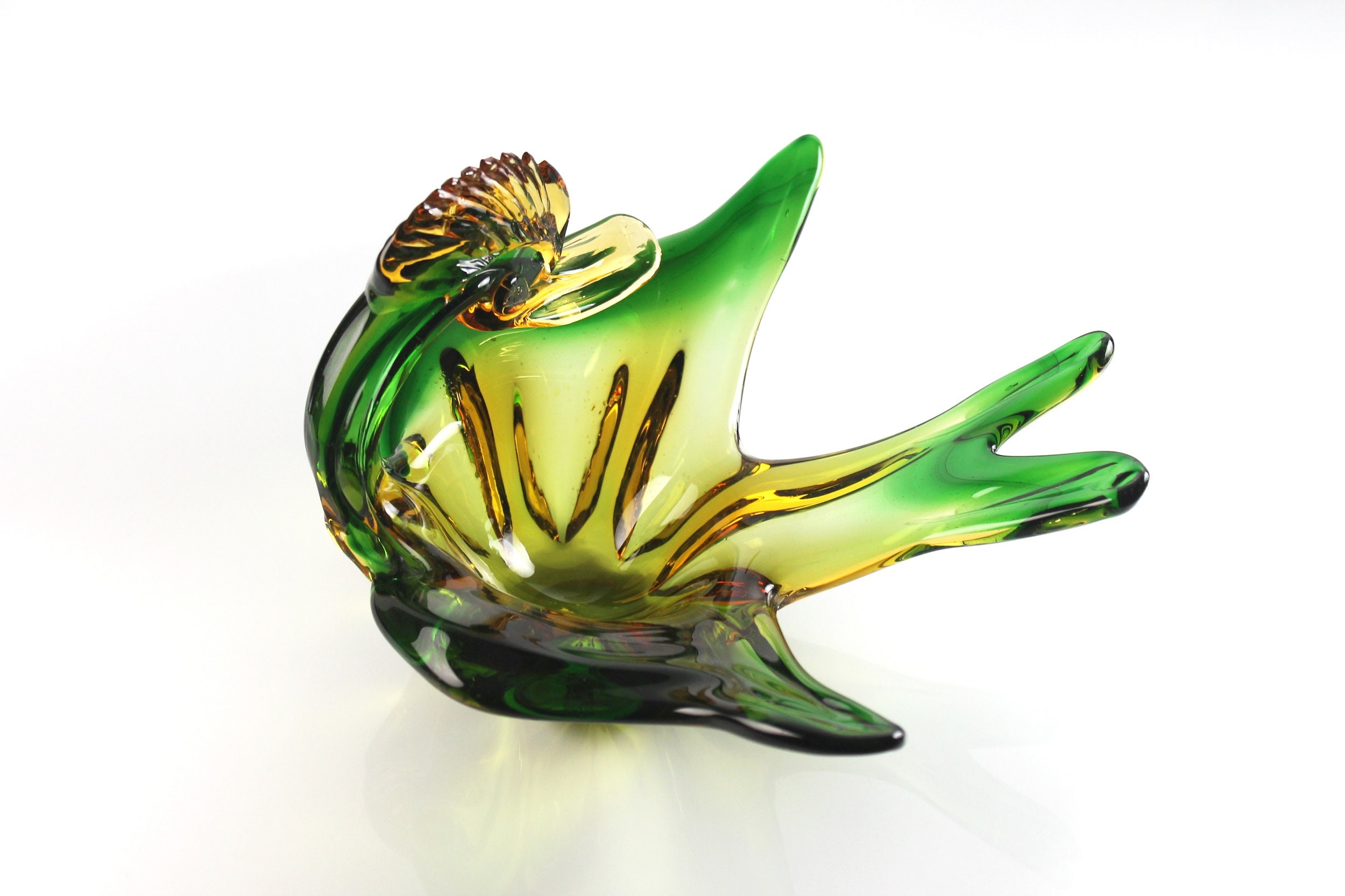 Art Glass Duck Bowl, Display Bowl, Murano Style, Green and Gold