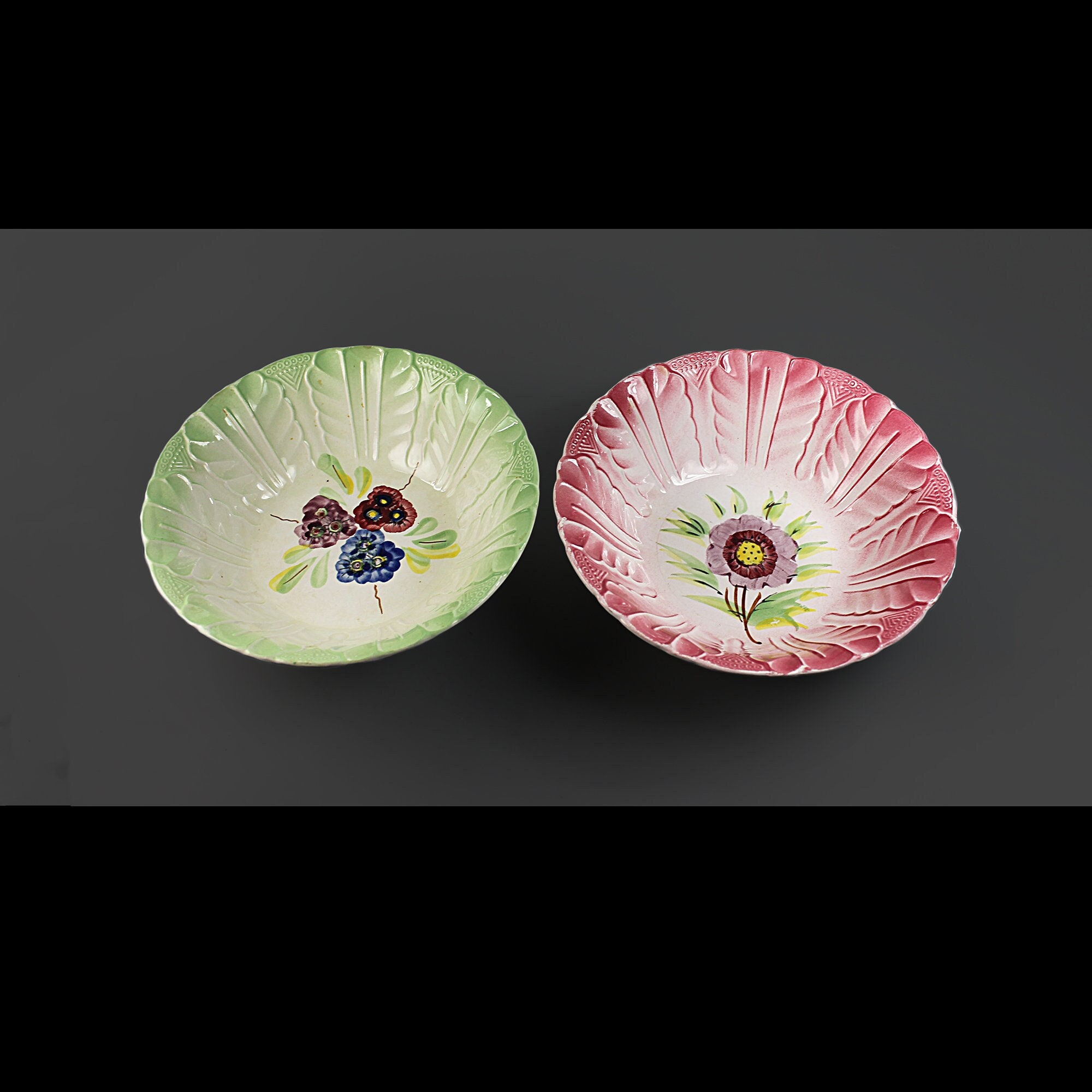 Ironstone Serving Bowls, Yamasho, Japan, Pink and Green, Set of 2