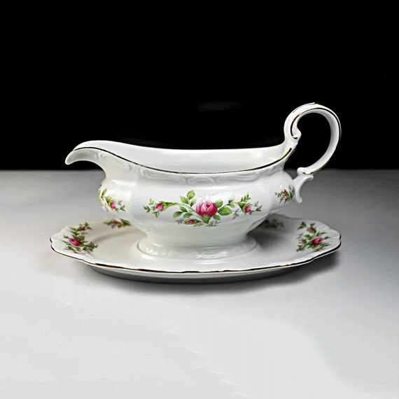 Large Gravy Boat, Johann Haviland, Moss Rose, Attached Underplate, White China, Embossed, Gold Trim