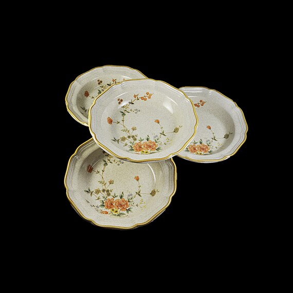 Soup Bowls Set of 4 - Mikasa Garden Club Silk Bouquet, Discontinued Stoneware Floral Design