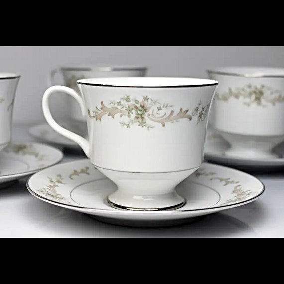 Cups and Saucers, Sango China, Carousel, Set of 4, Fine China, Platinum Trim, Teacups, Dinnerware