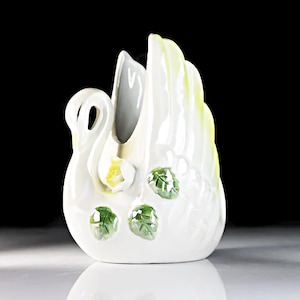 Swan Planter, Yellow Trim, Raised Flowers, Bird, Figurine, Porcelain, Collectible, Decor
