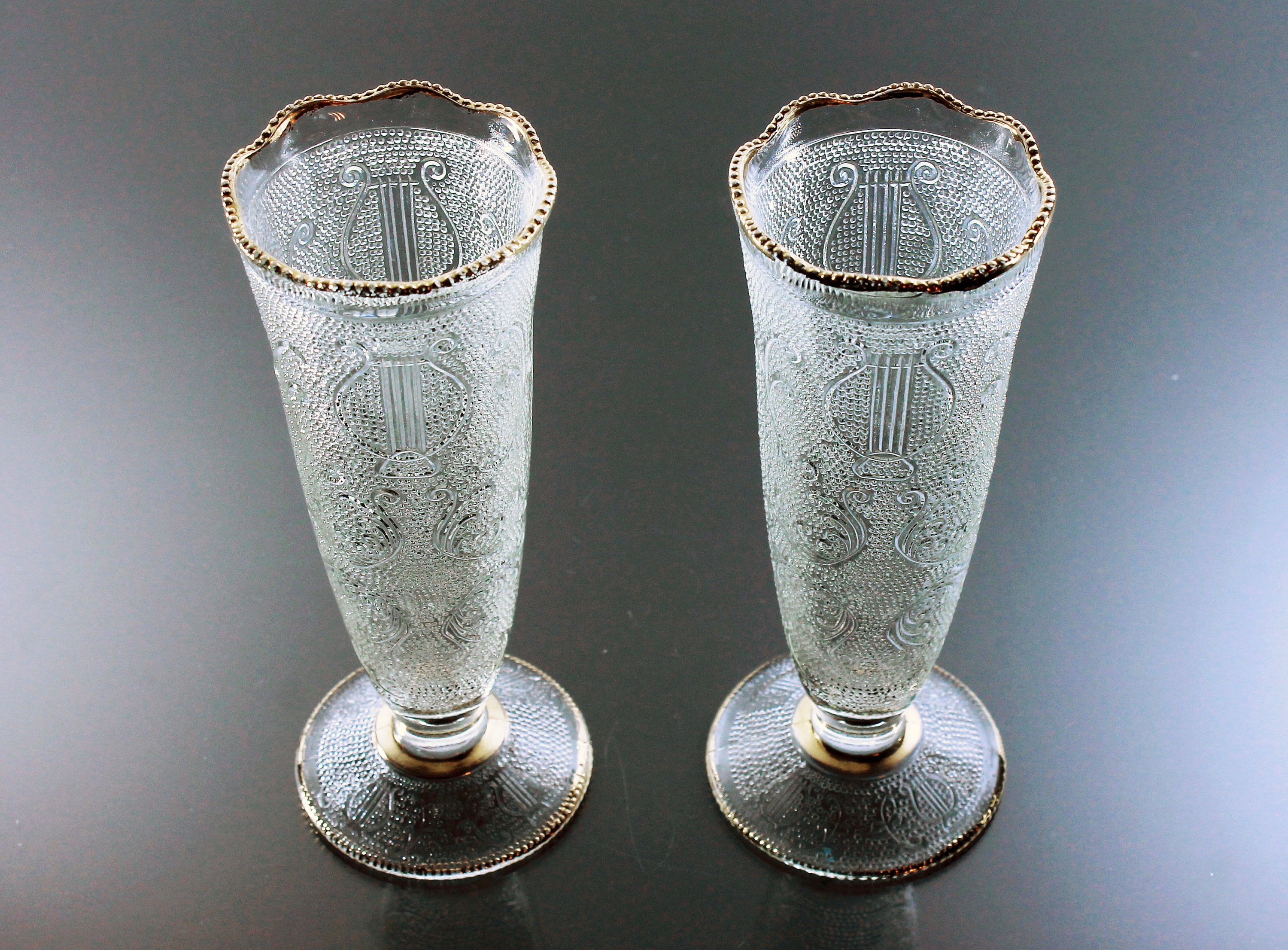 Vases, Glass, Harp Pattern, Gold Trim, Set of 2, Flower Vases