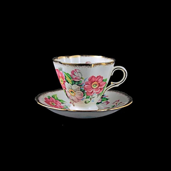 Footed Teacup and Saucer, Windsor Bone China, Pink Floral, Brushed Gold Trim, Fluted Square Cup, Made in England
