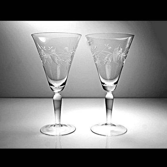 Wheel Cut Champagne Glasses, Leaf Design, Large, Set of Two, Barware