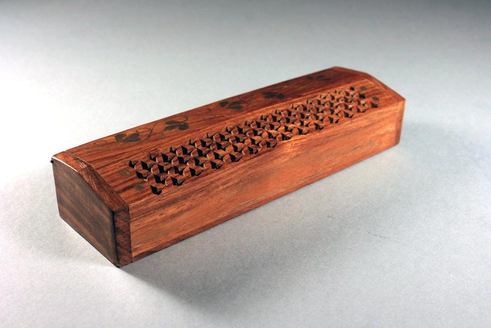 Wooden Pencil Box, Pen Box, Jewelry Box, Trinket Box, Lattice Cut, Gold