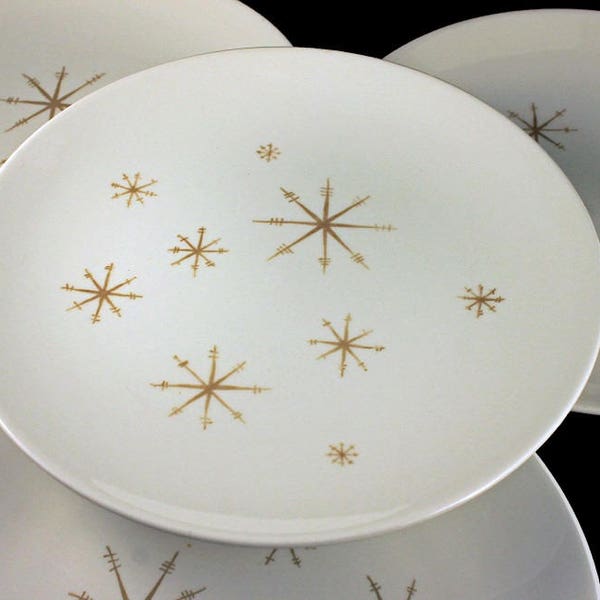 Dinner Plates, Royal China (USA), Star Glow, Gold Star Design, White and Gold, Set of 4