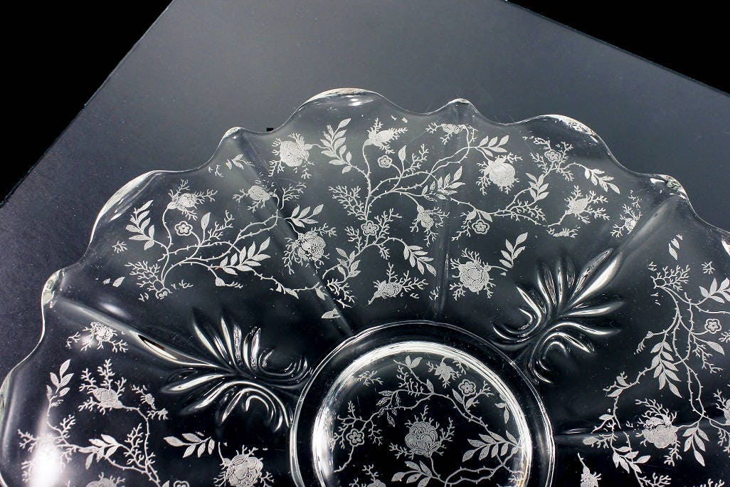 Fostoria, Baroque Torte Plate, Chintz Pattern, Etched Glass, Scalloped