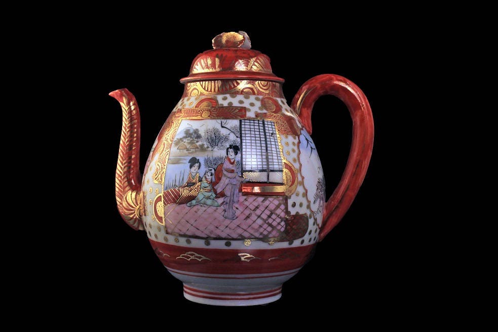 Japanese Teapot, Hand Painted, Suzuki Company, Footed, Red and White