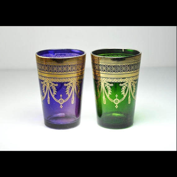 Vintage Moroccan Style Tea Glasses, Gold Gilt Tumblers, Set of 2, Jewel Tone, 6 Oz