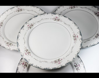 Dinner Plates, Mikasa, Rhoda, Set of 4, Gray Scrolls, Pink Roses, Fine China, Discontinued