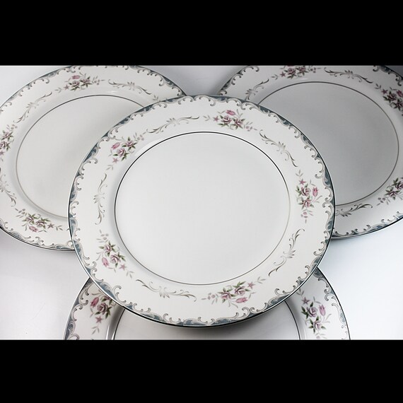 Dinner Plates, Mikasa, Rhoda, Set of 4, Gray Scrolls, Pink Roses, Fine China, Discontinued