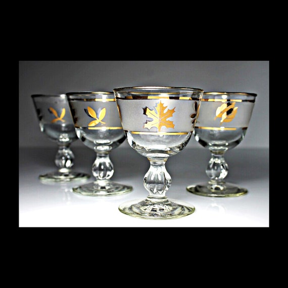 Liquor Cocktail Glasses, Libbey Glass Company, Golden Foliage Pattern, Set of 4, Frosted Glassware, Barware, Discontinued