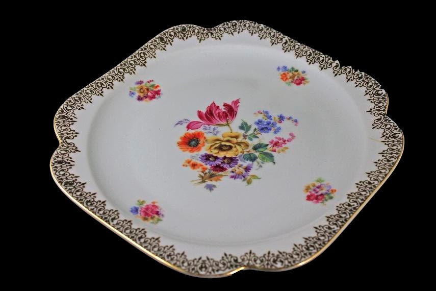 Square Salad Plate, Epiag Royal, Czechoslovakia, Floral Pattern, 22K
