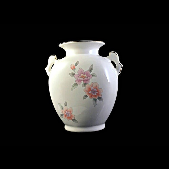 Table Vase, Fine China Japan, Gold Trim, White, Floral, Centerpiece, Flower Vase, Pink Floral, Handled Vase