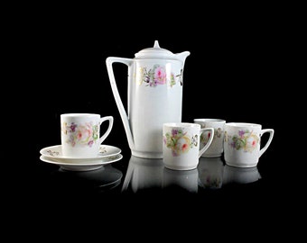 Antique Chocolate Set, Three Crown China, Germany, Chocolate Pot, 4 Cups and 2 Saucers, Pink Rose, Circa 1910, Collectible