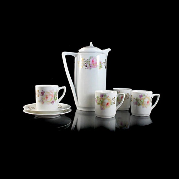 Antique Chocolate Set, Three Crown China, Germany, Chocolate Pot, 4 Cups and 2 Saucers, Pink Rose, Circa 1910, Collectible